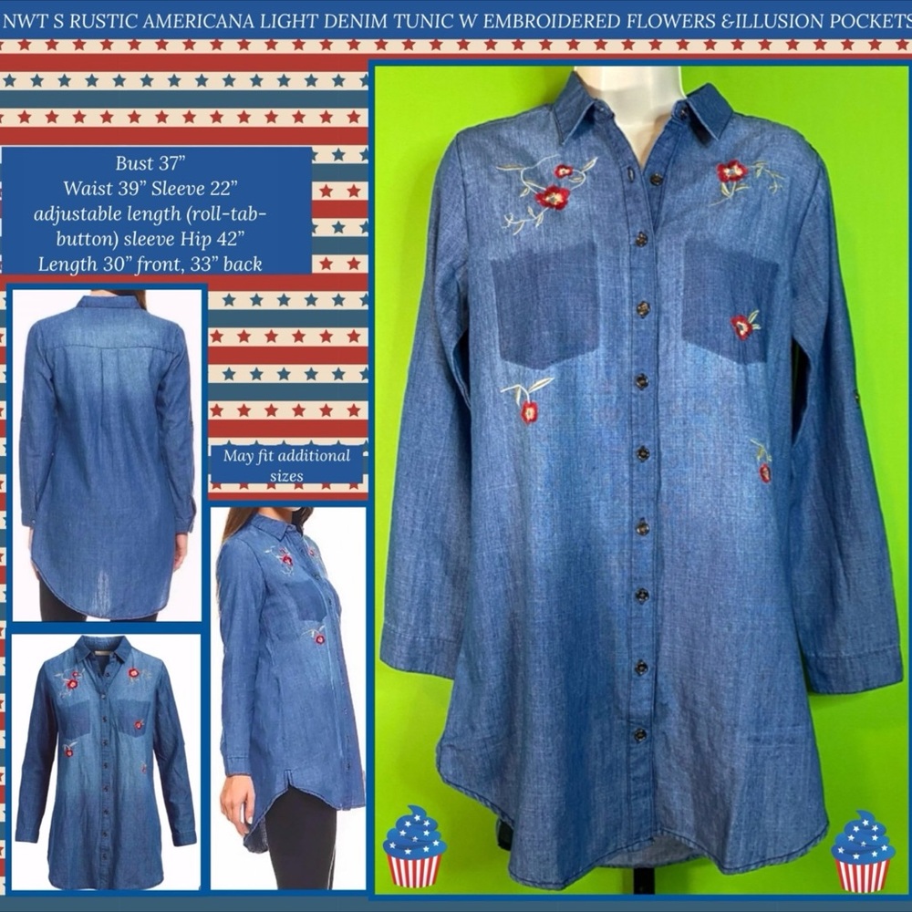 S NWT RUSTIC AMERICANA LIGHT DENIM TUNIC W EMBROIDERED FLOWERS GILLUSION POCKETS